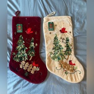 Holiday Velvet Christmas Stocking Pair with Embroidered Trees and Cardinals Xmas